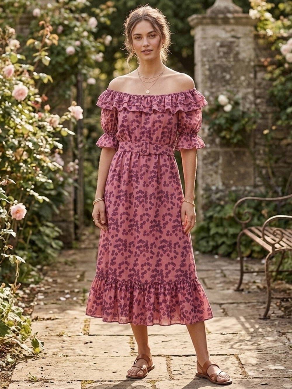 Juicy Couture Rose Pink Floral Off-Shoulder Ruffle Midi Dress - Picture 1 of 4